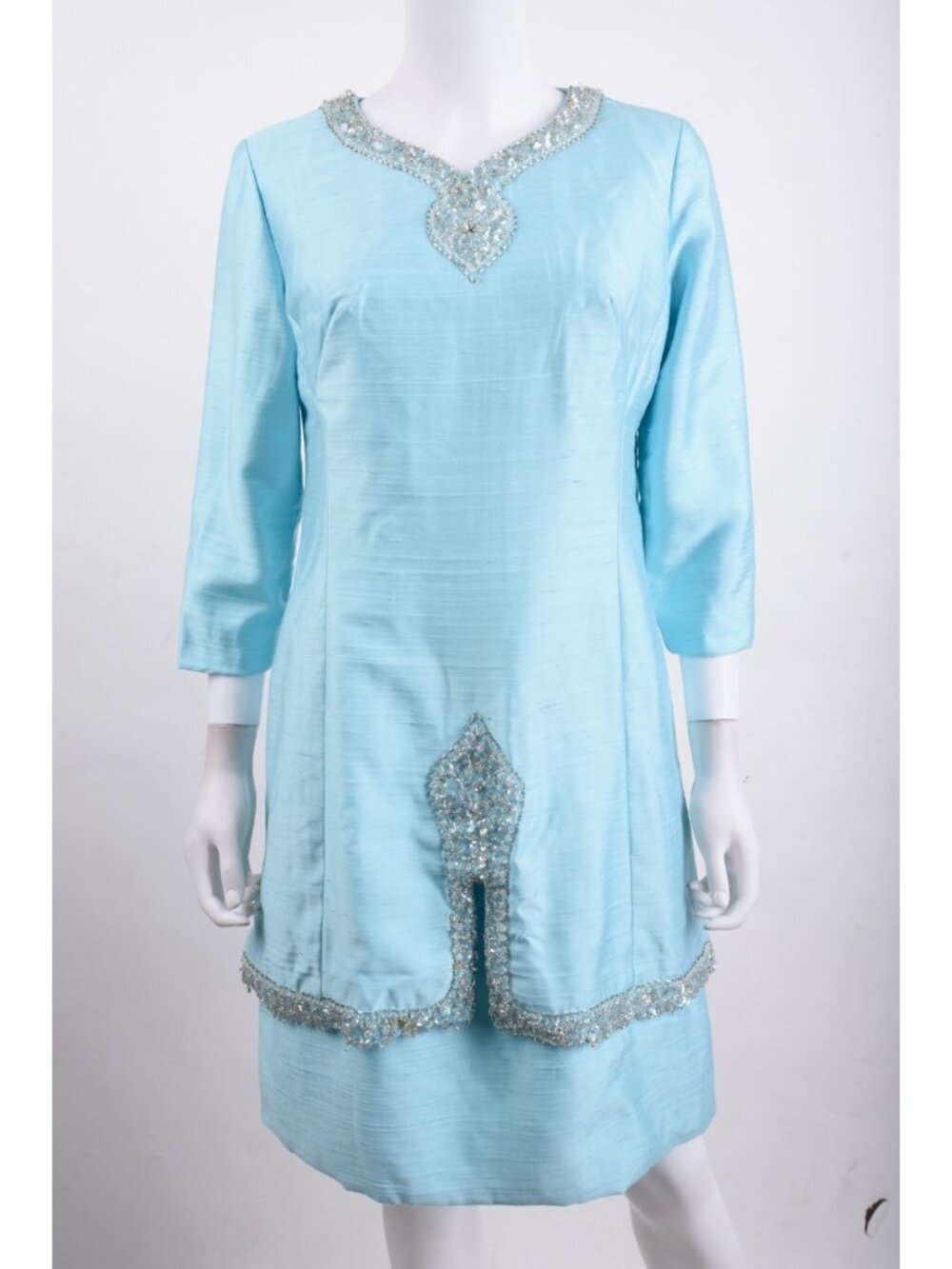 Vintage Womans Kameez Tunic Dress Blue Silver Crystal Beaded Trim S M silk blend